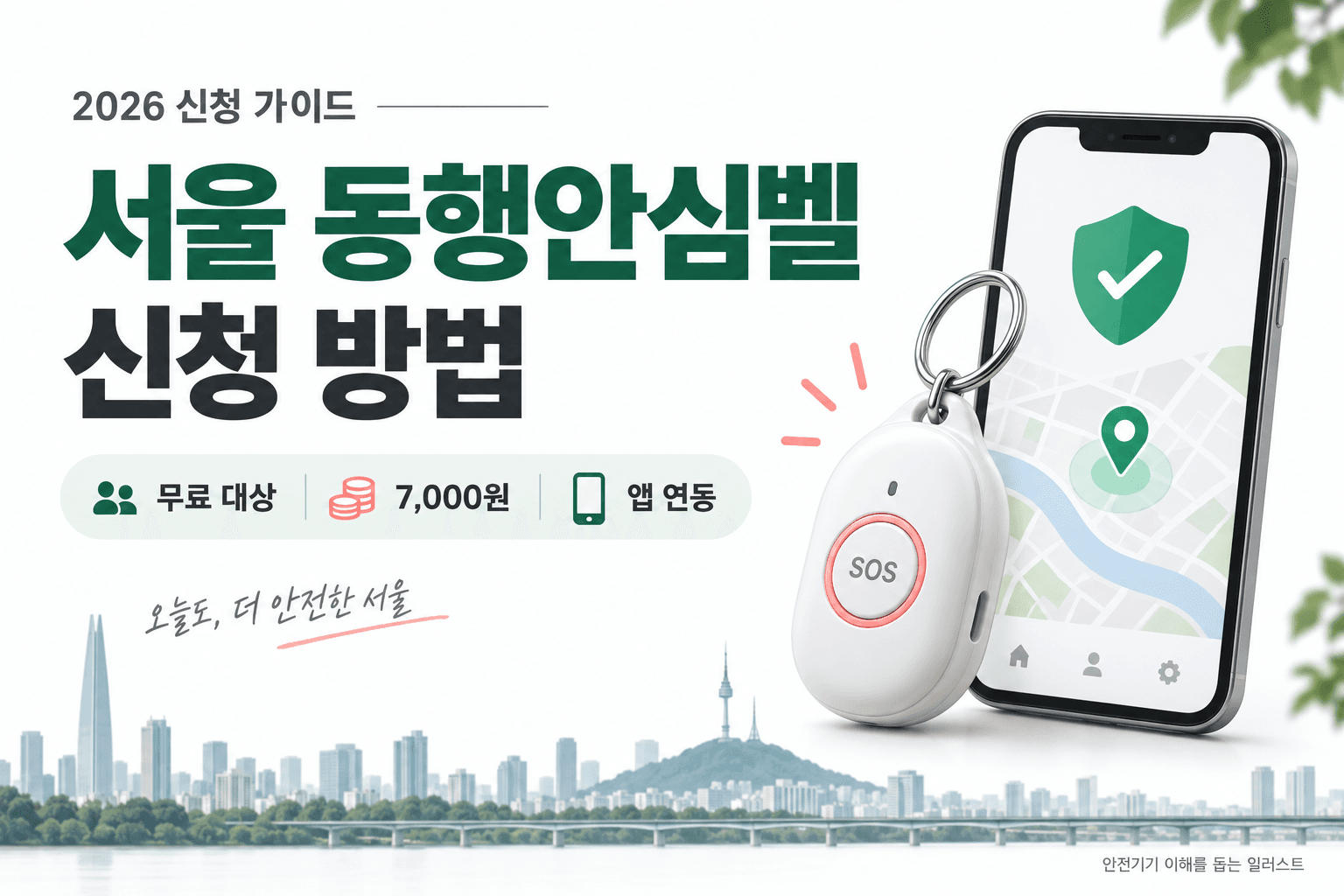 서울 동행안심벨 신청을 휴대용 SOS 기기와 스마트폰으로 표현한 AI 생성 일러스트로 실제 지급 제품이나 앱 화면과 다릅니다