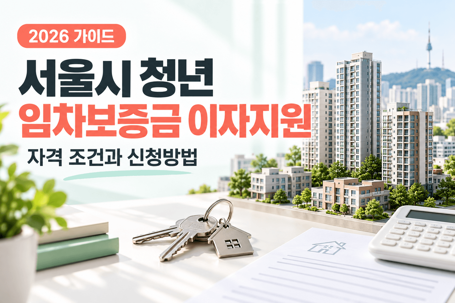 서울 주거지 모형과 열쇠 및 신청서로 청년 임차보증금 이자지원의 자격과 신청방법을 표현한 AI 생성 썸네일