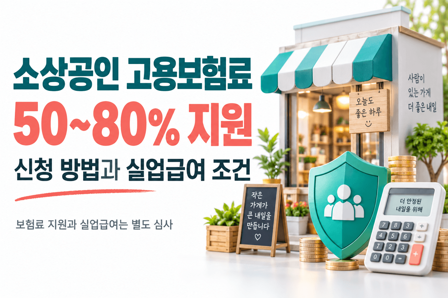 소상공인 고용보험료 50~80% 지원과 실업급여 별도 심사를 안내하는 AI 생성 썸네일