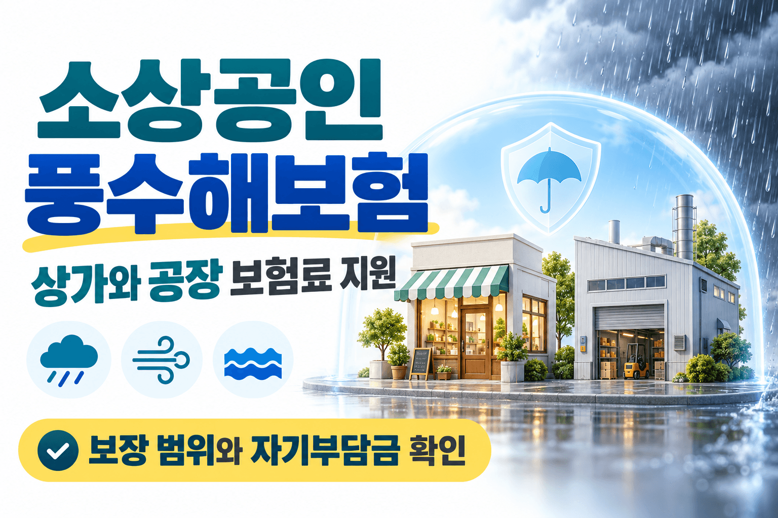 상가와 공장의 자연재해 대비를 표현한 AI 생성 풍수해보험 안내 이미지