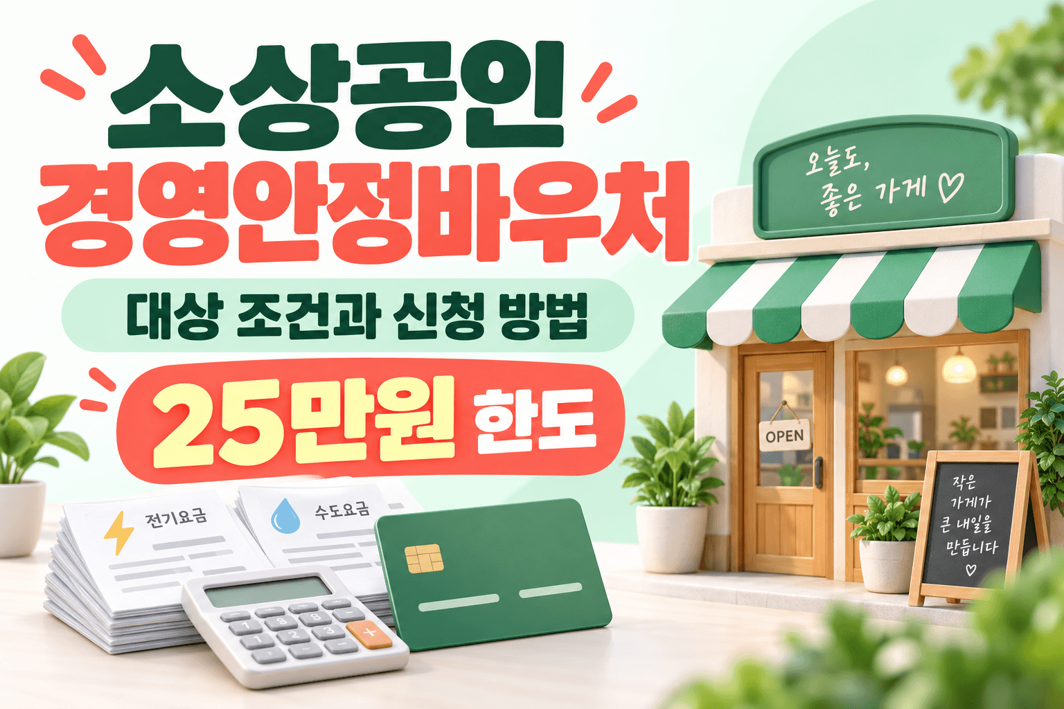 소상공인 경영안정바우처 25만원 한도와 신청 조건을 안내하는 상점 및 카드 AI 생성 일러스트