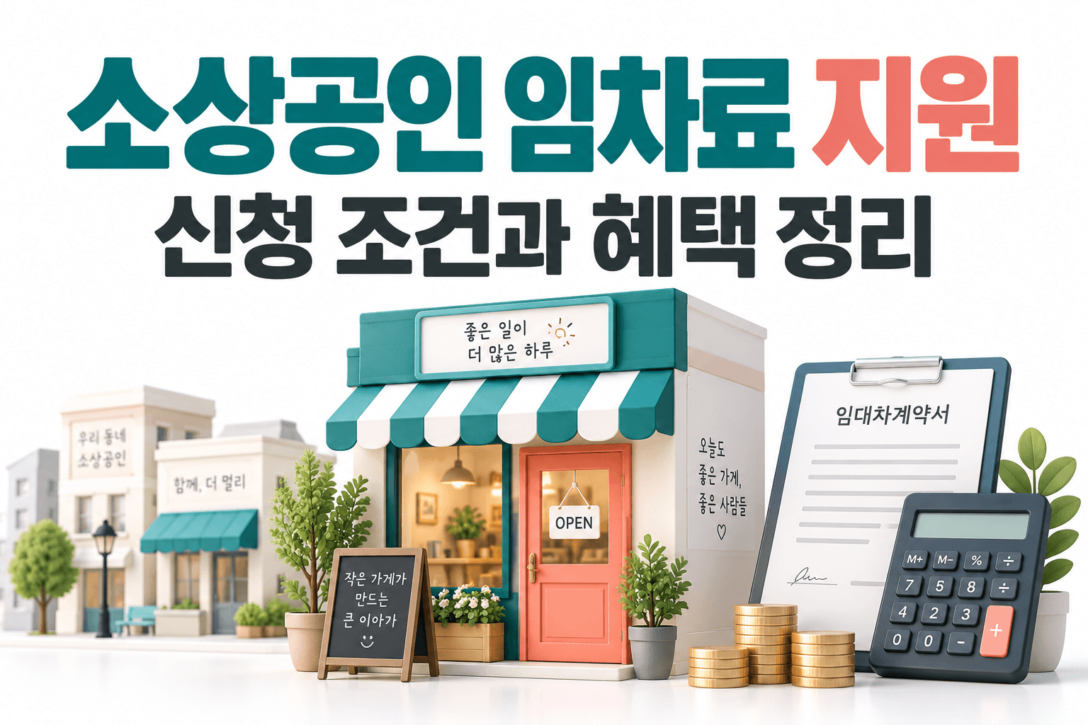 동네 상점과 임대차계약서 및 계산기로 표현한 소상공인 임차료 지원 안내 AI 생성 일러스트