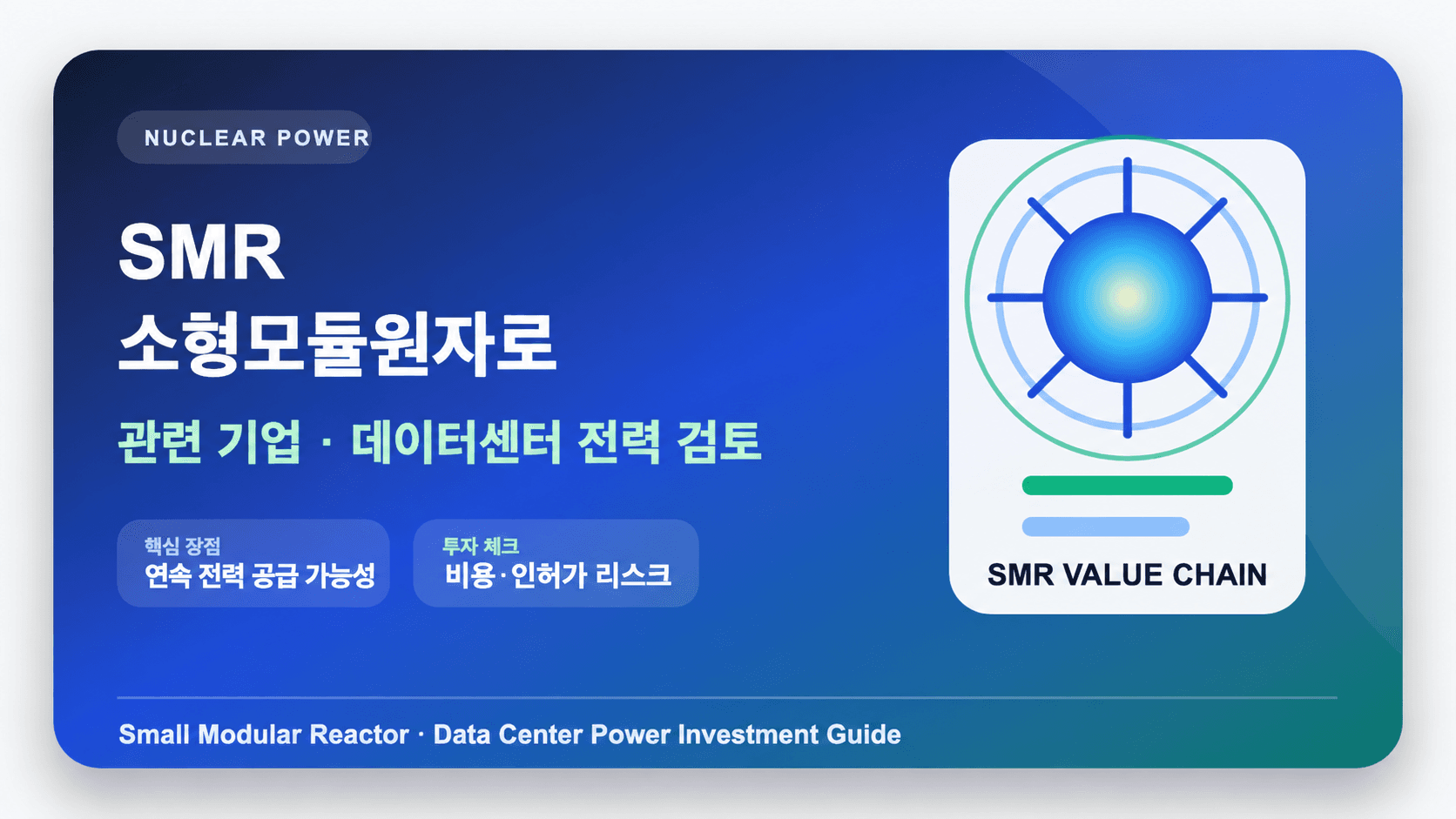 SMR 관련 기업과 데이터센터 전력 검토, 연속 공급 가능성과 비용·인허가 위험을 설명하는 개념 썸네일