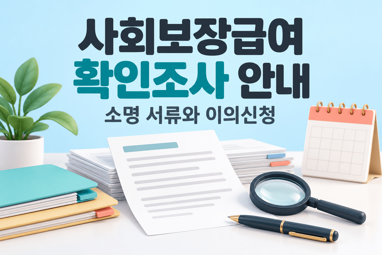 사회보장급여 확인조사 소명 서류와 이의신청을 표현한 AI 제작 개념 이미지이며 실제 정부 통지서나 신청 화면이 아님