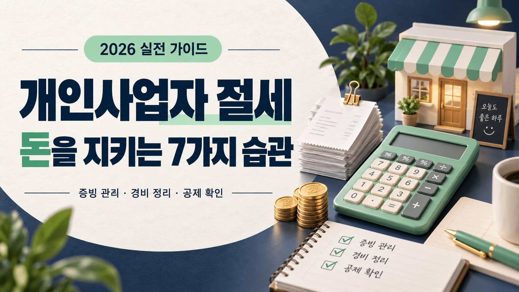 개인사업자 절세, 돈을 지키는 7가지 습관 제목과 민트색 계산기·영수증·작은 가게를 담은 썸네일