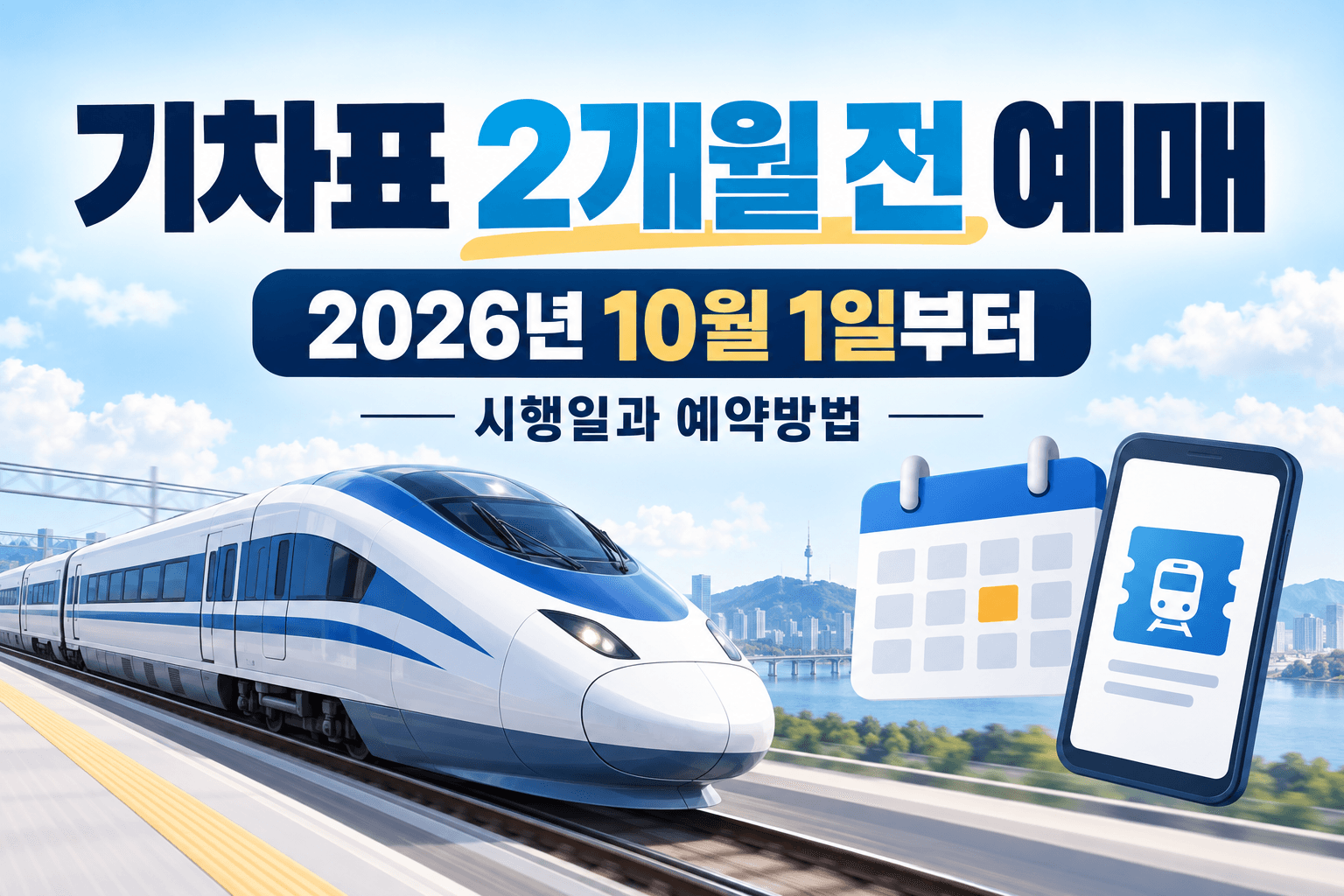 기차표 2개월 전 예매 2026년 10월 1일부터 시행일과 예약방법을 안내하는 열차와 달력 일러스트