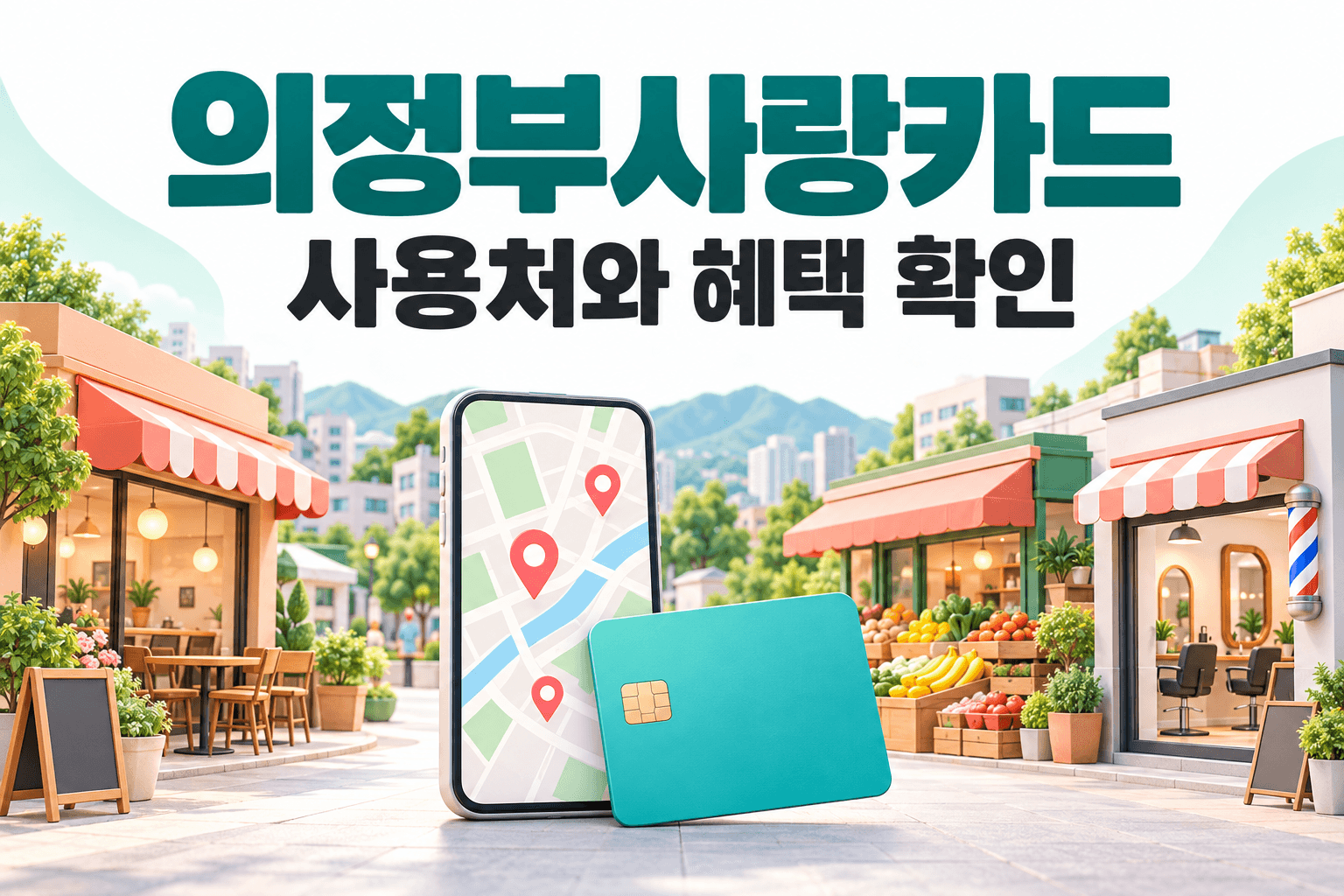 동네 상점과 지도 및 선불카드로 의정부사랑카드 사용처와 혜택을 표현한 AI 제작 개념 이미지이며 실제 카드나 가맹점 사진이 아닙니다