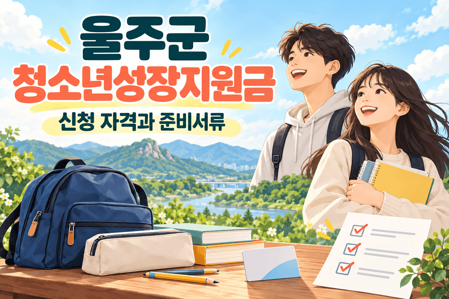 울주군 청소년성장지원금 신청 자격과 준비서류를 표현한 청소년과 책 및 체크리스트의 AI 제작 개념 이미지이며 실제 수혜자나 공문서가 아닙니다