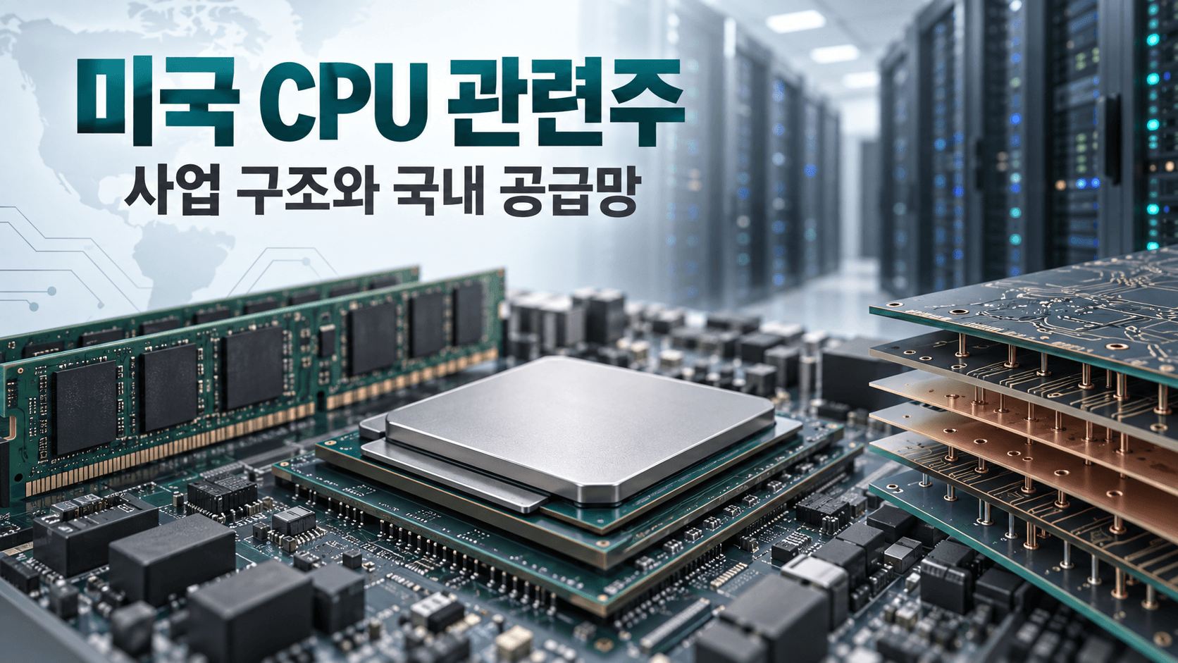 미국 CPU 관련주 사업 구조와 국내 공급망을 표현한 AI 생성 CPU·메모리·기판 일러스트