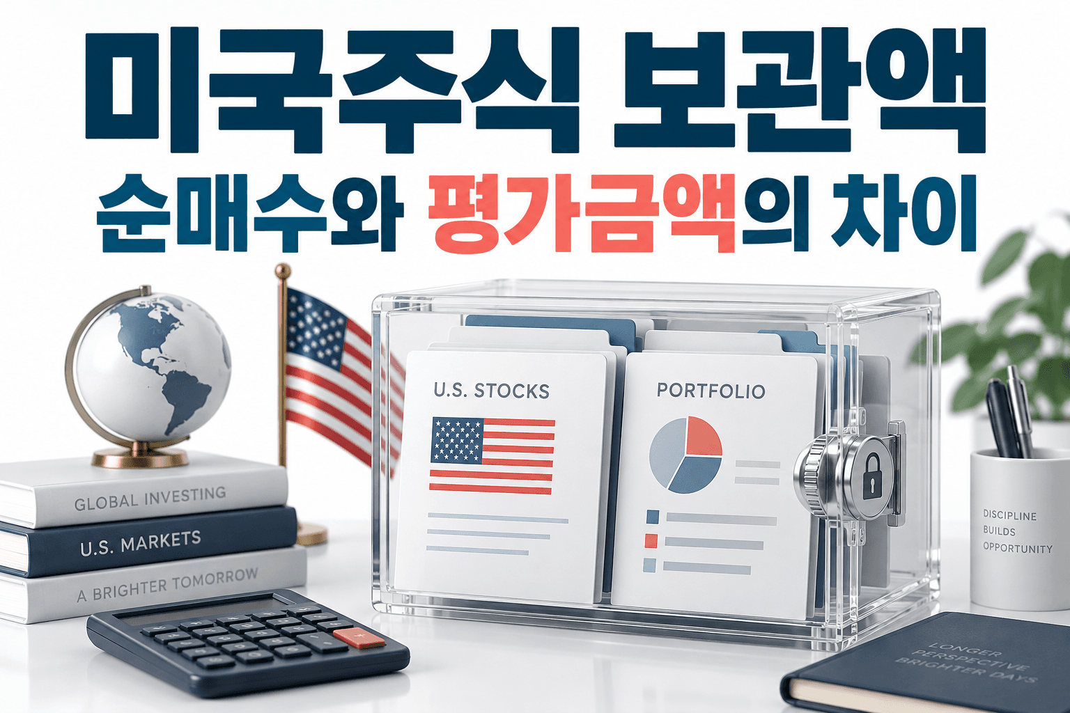미국주식 보관액과 순매수 및 평가금액의 차이를 설명하는 AI 생성 금융 일러스트로 실제 통계 차트가 아닙니다