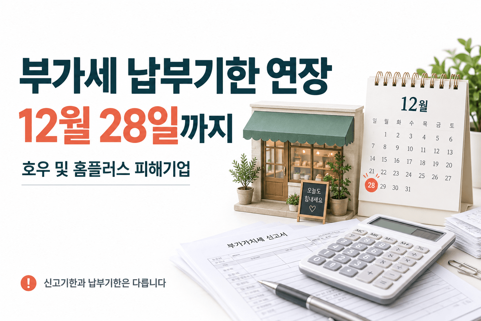 부가세 납부기한 연장과 12월 28일을 강조한 상점 및 달력 콘셉트 AI 생성 이미지