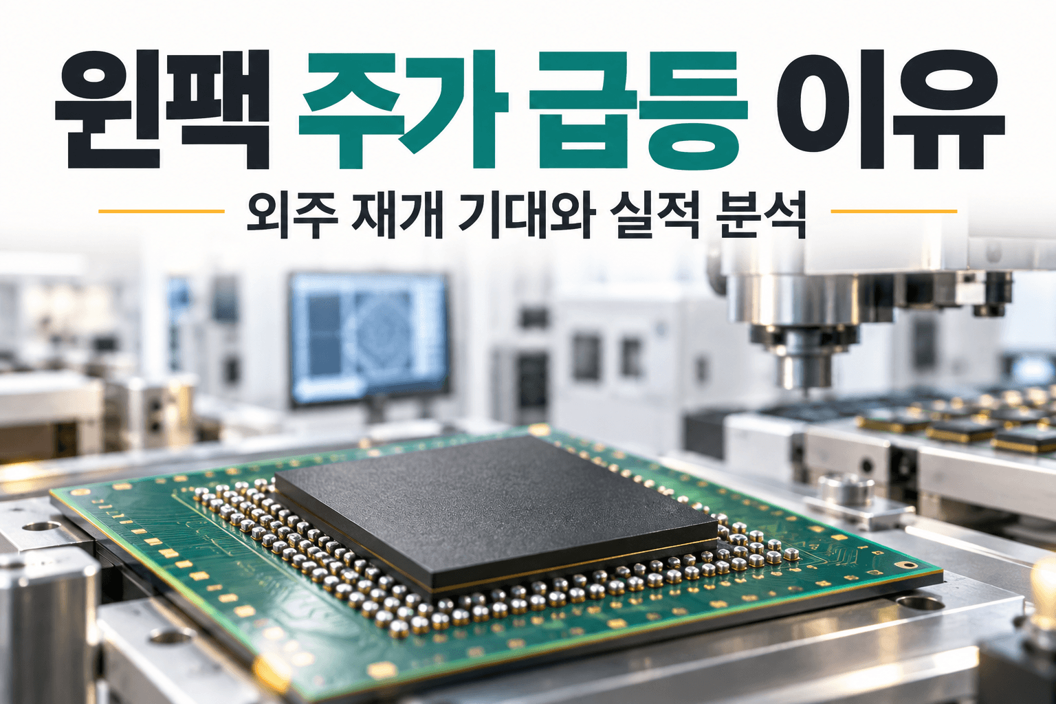 윈팩 주가 급등 배경을 설명하는 반도체 패키징 개념 썸네일이며 실제 윈팩 공장 사진이 아닌 AI 생성 이미지