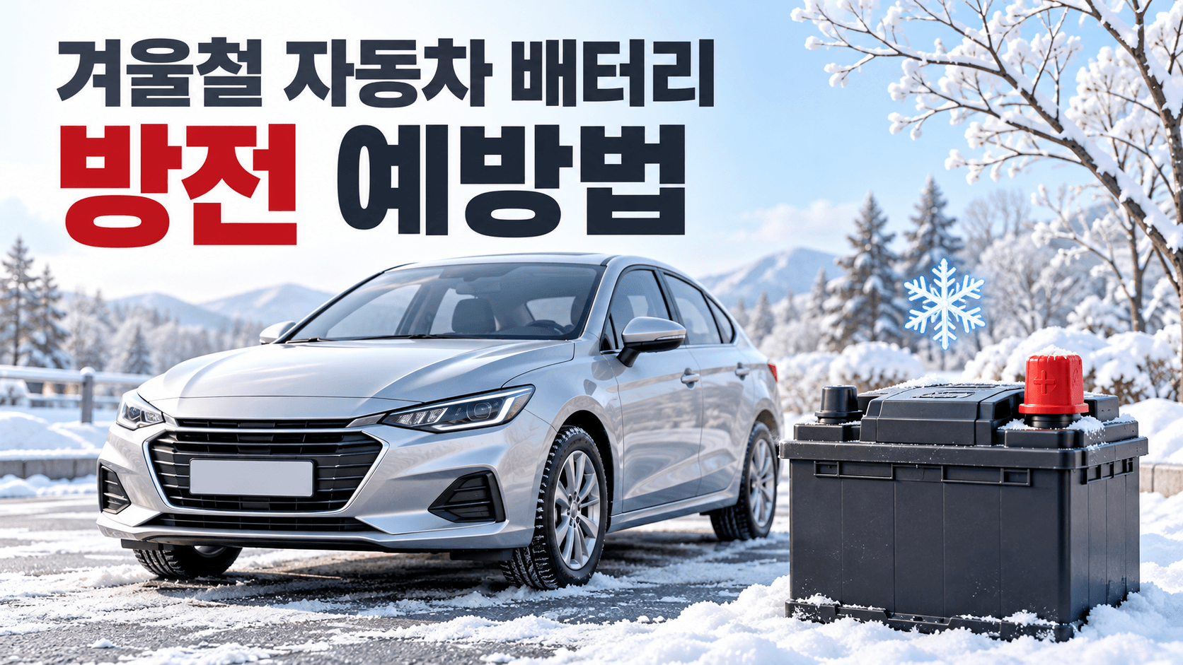 겨울철 자동차 배터리 방전 예방법 제목과 겨울 차량 및 시동용 배터리를 표현한 AI 생성 개념 일러스트
