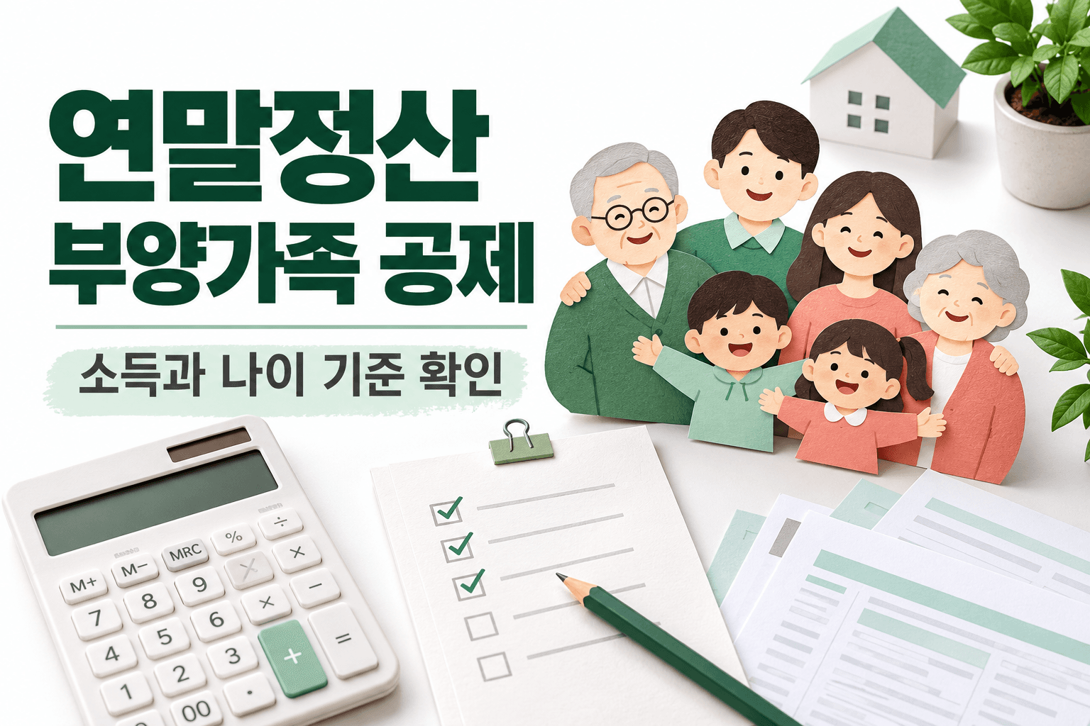 연말정산 부양가족 공제와 소득 및 나이 기준 확인을 표현한 가족 종이 모형과 계산기의 AI 제작 개념 이미지이며 실제 국세청 문서가 아닙니다