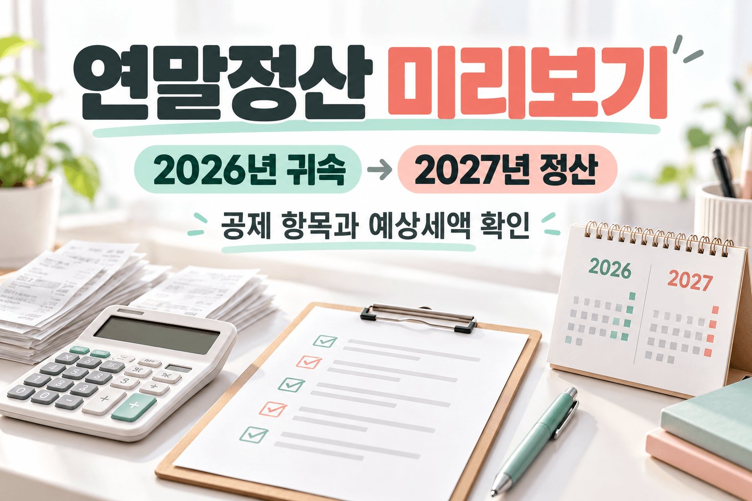 2026년 귀속과 2027년 정산을 구분한 계산기와 영수증의 AI 제작 개념 이미지이며 실제 홈택스 화면이 아닙니다