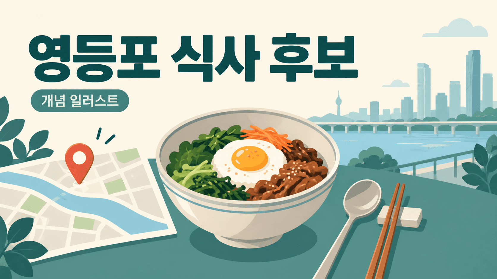영등포 식사 후보 안내용 개념 일러스트. 실제 매장·메뉴 사진이나 위치 지도가 아닙니다.