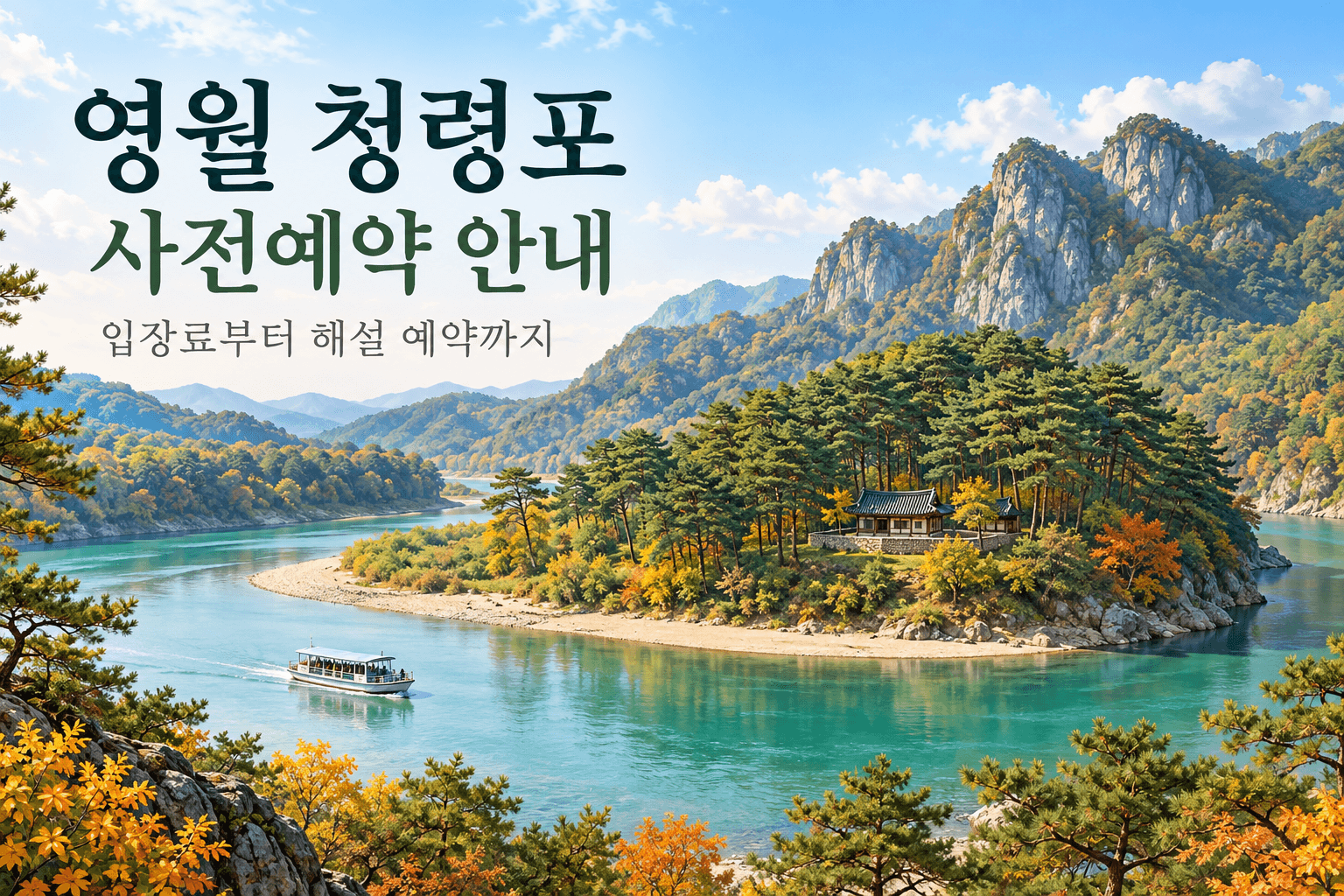 영월 청령포 사전예약 안내용 강과 소나무 숲 일러스트로 실제 현장 사진이 아닌 AI 생성 이미지