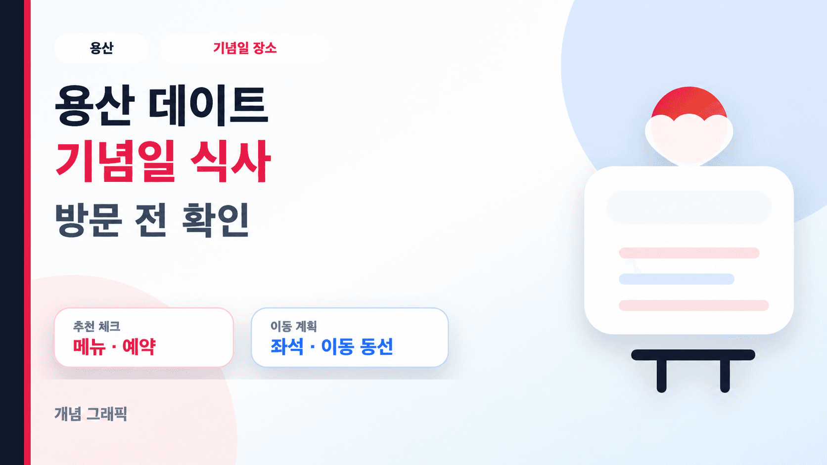 용산 기념일 식사 전 메뉴·예약·좌석·이동을 확인하는 개념 그래픽(실제 매장 아님)